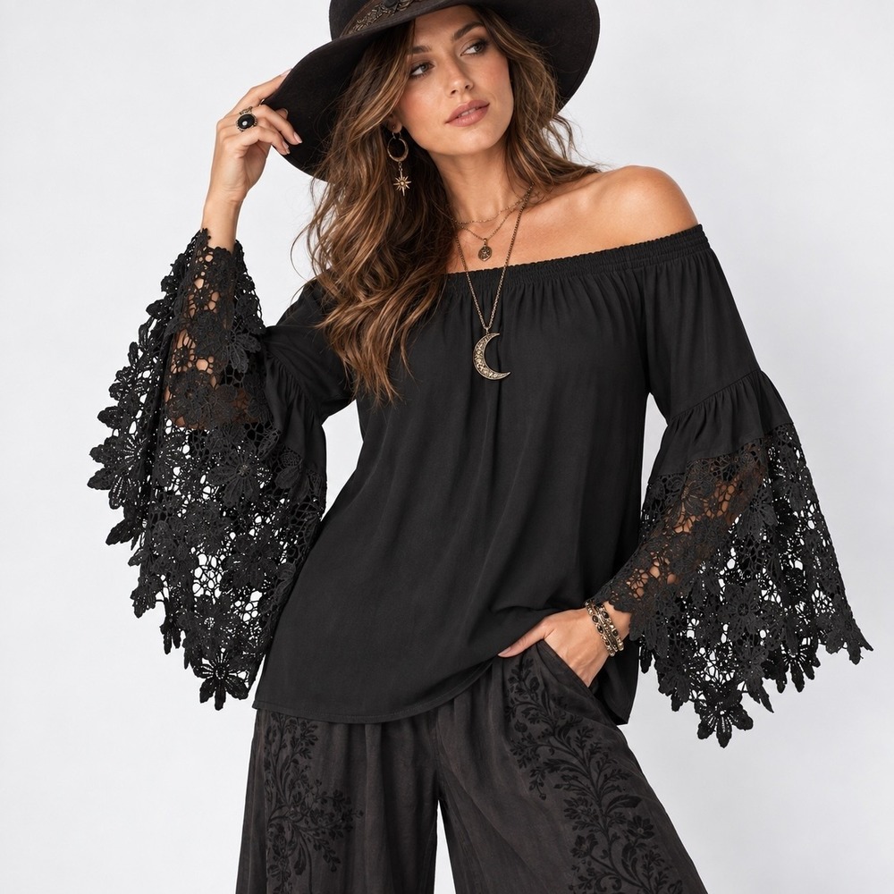 Muche Muchette Boho Whimsigoth Off Shoulder Lace Bell Sleeve Top Womens OS Black